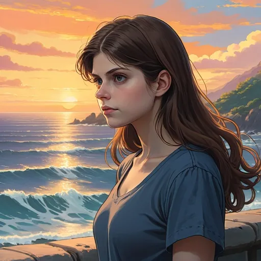 Prompt: 2d studio ghibli anime style, alexandra daddario looking at the sunset concept art by Doug Chiang cinematic, realistic
painting, high definition, concept art, portait image, path tracing,
serene landscape, high quality, highly detailed, 8K, soft colors, warm
colors, turbulent sea, high coherence, anatomically correct,
hyperrealistic, concept art, defined face, five fingers, symmetrical"