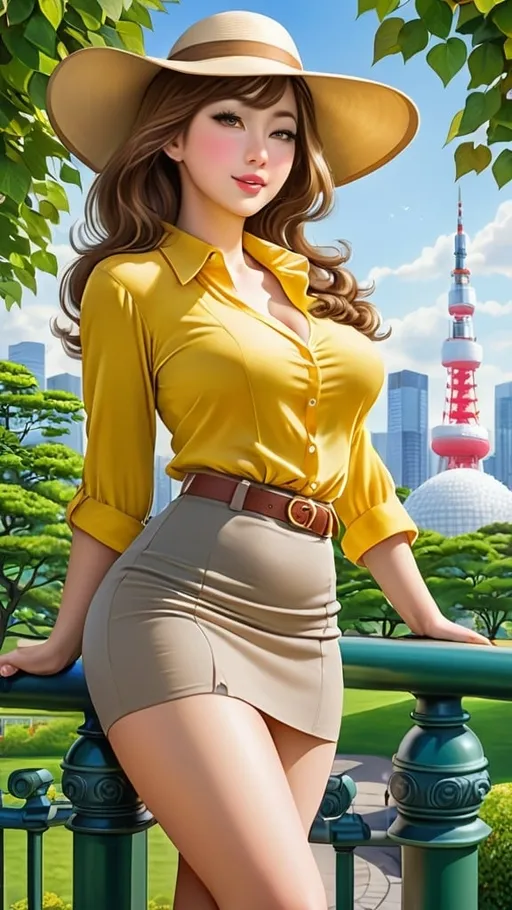 Prompt: Beautiful curvaceous young Japanese woman is leaning on a railing, community park background, chestnut hair, vibrant gray eyes, unbuttoned yellow blouse, khaki miniskirt, long shapely legs, suede sandals, yellow sun hat, perfect diamond face, bold makeup, buxom, hourglass feminine physique, sun shine, high-res, fashion photography, realistic, artistic, relaxed pose, summer fashion, light earth tone color scheme, high detail, high quality, Tokyo park setting, skyline in the background.