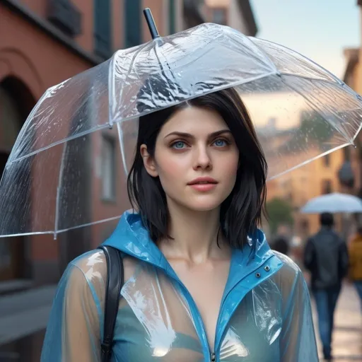 Prompt: {{{{highest quality absurdres best award-winning masterpiece}}}} best octane rendered splashscreen cinema trailer digital 3d oil art {{stylized hyperrealistic cinematic waifu supermodel style}} of hyperrealistic intricately hyperdetailed 22 year {{Alexandra Daddario}} with {{hyperrealistic black hair}} and {{hyperrealistic perfect beautiful blue eyes}} wearing {{hyperrealistic clear transparent raincoat outfit with perfect clear transparent umbrella}}, in {{hyperrealistic intricately hyperdetailed perfect 128k highest resolution definition fidelity UHD HDR}},
hyperrealistic intricately hyperdetailed natural beauty waifu face with skin and nose and lips and red cheeks cute smile {{look at camera}},
hyperrealistic perfect anatomy in perfect epic cinematic composition with perfect vibrant colors and perfect shadows, perfect professional sharp focus RAW photography with ultra realistic perfect volumetric dramatic soft 3d lighting, trending on instagram artstation with perfect epic cinematic post-production
