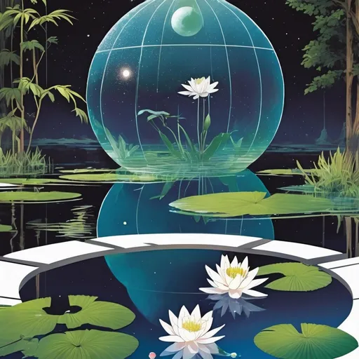 Prompt: Within a small floating globe futuristic ecosphere with white lillies, floating about a rippling pond, in the ripples of the pond you can see reflections of galaxies, there are a few plants around the pond in the moonlight, and some ancient tiki structures in the background. Set a magazine cover of a mens action cover for men