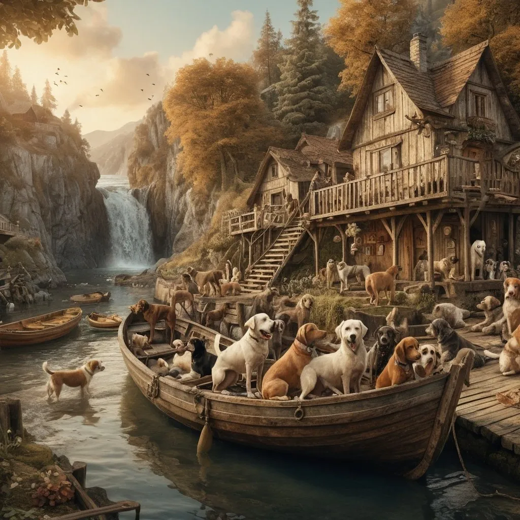 Prompt: a crowded boat full of animals, with many dogs greeting. set in Large Anton Pieck-stylemountainous region, old wooden rudderboat, forest and beach, stream,  waterfall, wildlife, vintage painting, detailed textures, serene atmosphere, wimsicle architecture, warm tones, soft lighting, 4k, highres, nostalgic, detailed scenery, tranquil setting, vintage charm, summer sunset