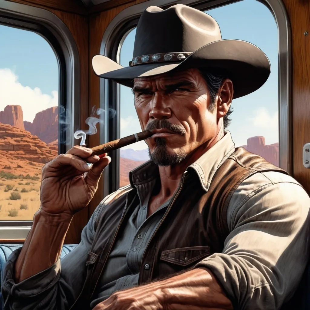 Prompt: highest quality, cowboy trucker on train who looks like Josh Brolin smoking a big cigar, color character portrait, art by Enki Bilal, art by Glen Keane, art by Larry Elmore, amazing detail, intricate, stunning inking lines, 4K, smooth, sharp focus, trending on artforum, artstation hq, behance hd. 