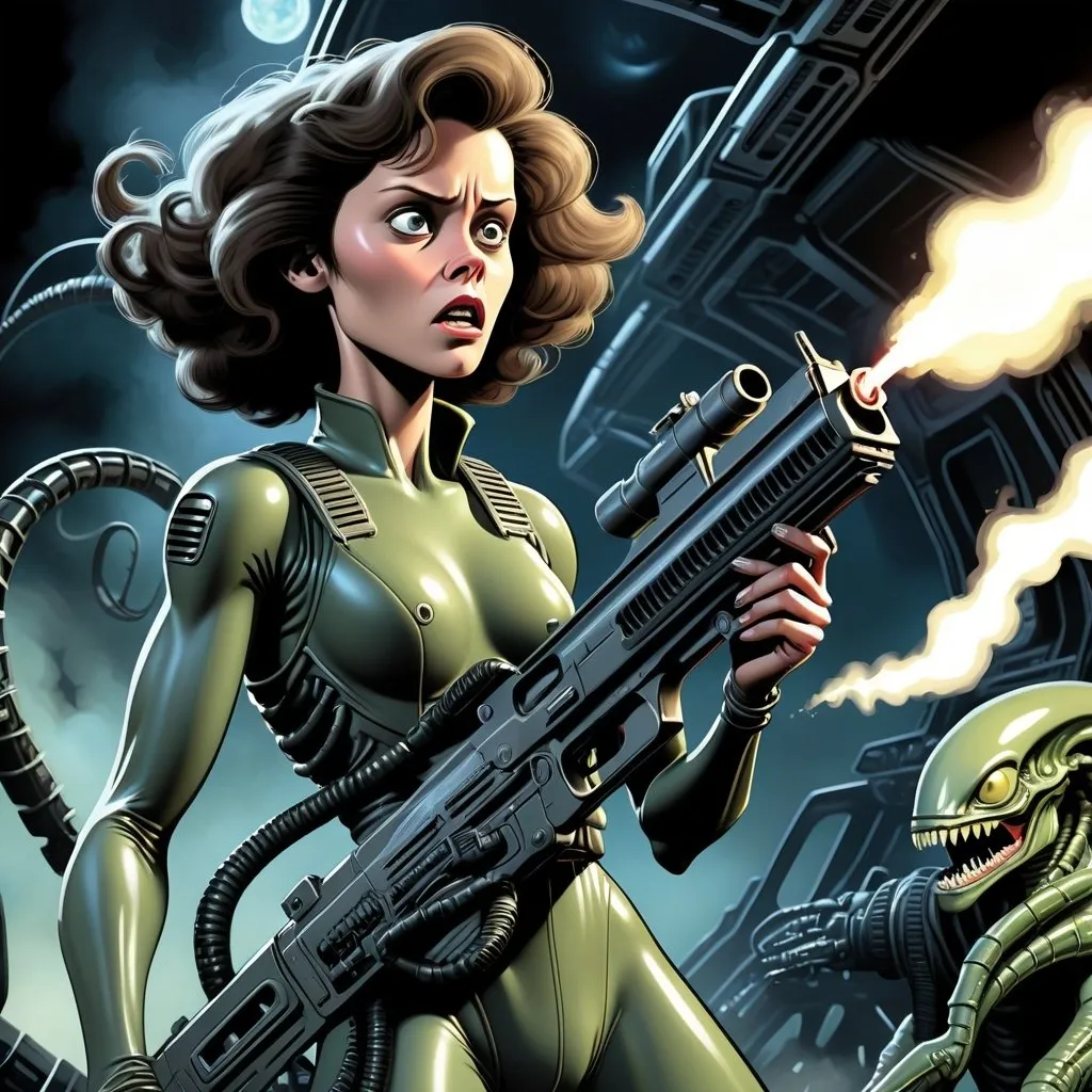 Prompt: detailed, dark colors, dramatic, graphic novel illustration,  2d shaded retro comic book. goddess Ellen Ripley on the loading deck of a spaceship with a futuristic machine gun with a flamethrower. An Alien is looking at her, Snarling xenomorph in the style of H. R. Giger Aliens