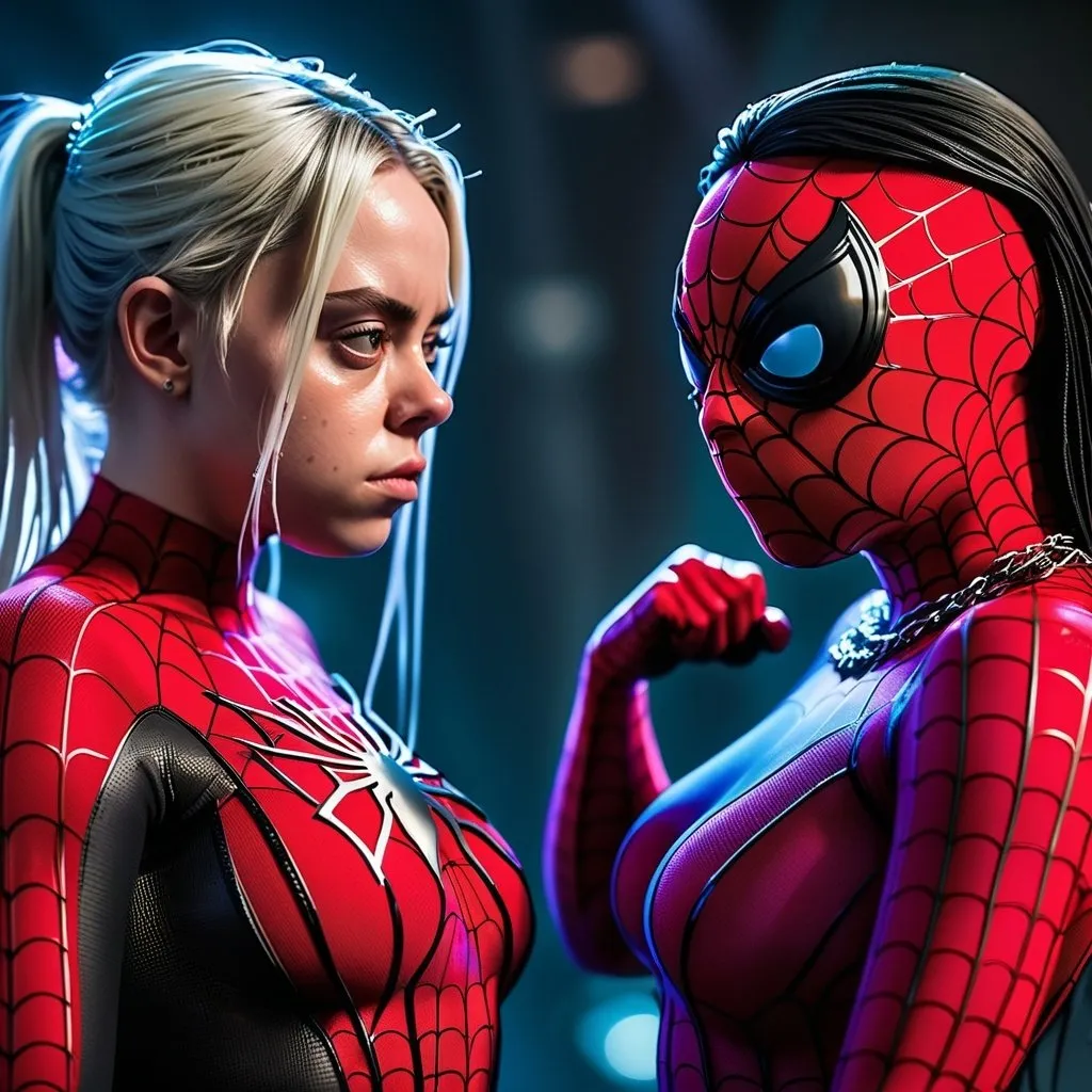 Prompt: 2girls. Fighting Spiderverse with masks (Billie Eilish), intense battle, fight stance, hands above head fixing hair.  They are posed rear end to rear end, in tiny chains. ultra sheer, ultra thigh gap, ultra low cut, beautiful face, buxom, wedgie

Award winning super high gloss magazine image, cinematic lighting and scale, super detailed, 64k, high quality perfect lighting, lit from below sunshine