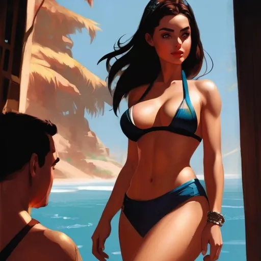 Prompt: by Andrew Loomis, Strikingly beautiful Buxom PEITHO female, ana de armas, long  hair,  detailed silhouette, ultra buxom, ultra ultra low cut, high cut, ultra sheer, tiki, square enix, disney concept artists, by Tim Biskup, skottie young, detailed scenery —width 768, a detailed painting, a magazine cover for action for men