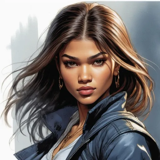 Prompt: highest quality, assassin who looks like Zendaya, color character portrait, art by Enki Bilal, art by Glen Keane, art by Larry Elmore, amazing detail, intricate, stunning inking lines, 4K, smooth, sharp focus, trending on artforum, artstation hq, behance hd. 