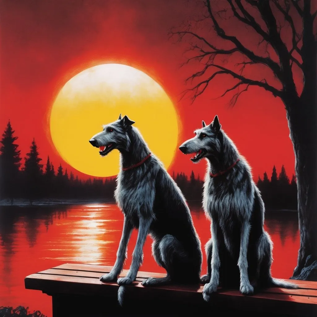 Prompt: an sks painting of a 2 large wolfhounds sitting on a bench with a red sun in the background, 1990s horror book cover, istock, TIFF