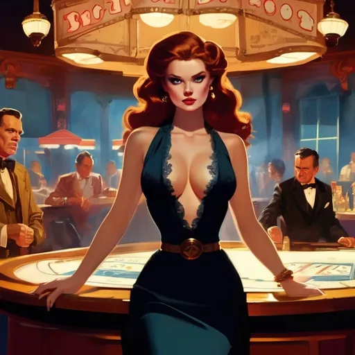 Prompt: by Andrew Loomis, Strikingly beautiful Buxom female in an old western casino,  ALEXINA GRAHAM, long  hair,  detailed silhouette, ultra buxom, ultra ultra low cut, high cut, ultra sheer, tiki, square enix, disney concept artists, by Tim Biskup, skottie young, detailed scenery —width 672, a detailed painting, a magazine cover for action for men