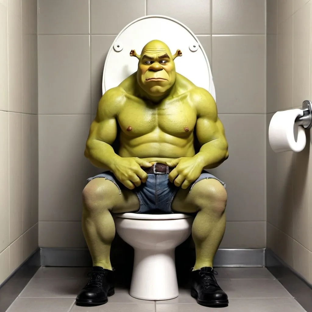 Prompt: Min-Shrek sitting on a toilet seat, to the side.. Anarchy. Flies