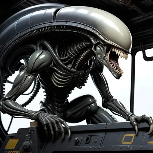 Prompt: Character design sheet. detailed, dark colors, dramatic, graphic novel illustration,  2d shaded retro comic book. a menacing angry dark xenomorph in the style of H. R. Giger Aliens. Set on the deck of a gritty industrial deck of a black cargo hauler space ship. side view, italian female features. The bright white volumetric from far away sets a horror scene