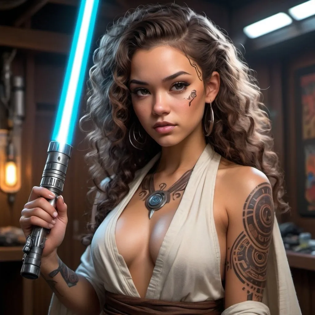 Prompt: by Andrew Loomis, tiki, square enix, disney concept artists, by Tim Biskup, skottie young, detailed scenery —width 672, a detailed painting, a magazine cover for action for men. 
hyper realistic character design sheet, lightskin Hispanic female jedi in star wars universe, holding a lbue light saber with both hands,  long curly brown hair, face tattoos, body tattoos, silver accents, cyberpunk, beautiful, elegant, jedi robes, buxom, ultra sheer, ultra low cut, voluptous