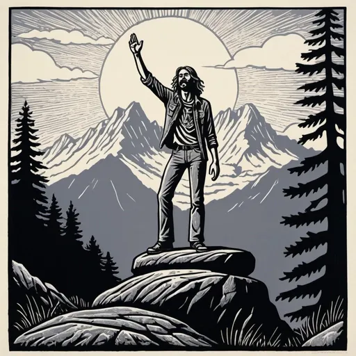 Prompt: A linocut of a loud and proud gay 20 something hippie is standing upright on a rock in the wilderness with mountains and trees in the background, neo-primitivism, detailed illustration, a woodcut

