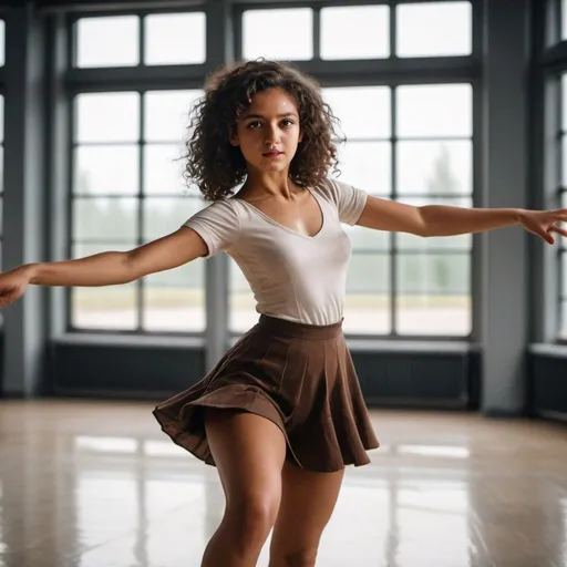 Prompt: Ideal beautiful girl with dark skin and brown eyes and dark curly hair. She is dancing in a well lit dance studio with large windows. Hitler is sitting in a vehicle in the bakground