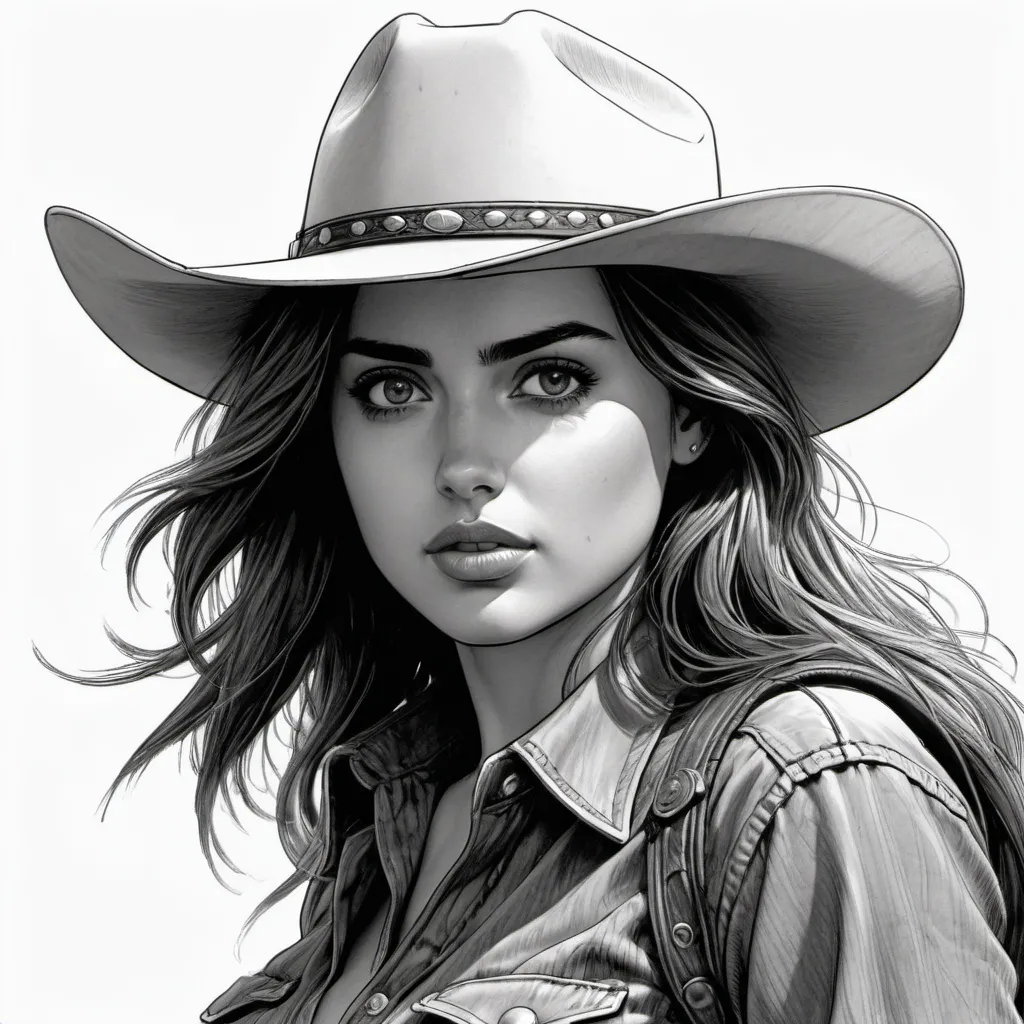 Prompt: highest quality, cowgirl who looks like Ana de Armas, character portrait, art by Enki Bilal, art by Glen Keane, art by Larry Elmore, amazing detail, intricate, stunning inking lines, 4K, smooth, sharp focus, trending on artforum, artstation hq, behance hd