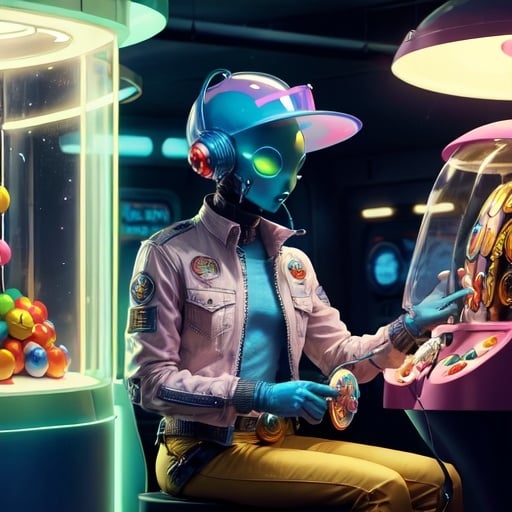 Prompt: An alien  cowboy at a gumball machine, 
 spending a coin.  Shiny futuristic, idyllic 1950s style