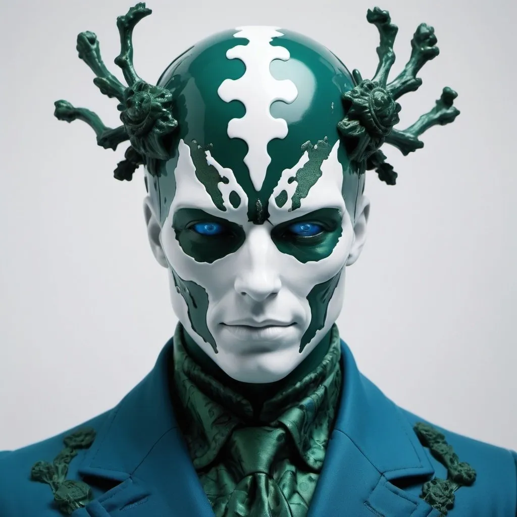 Prompt: A cursed andriod mocks humanity and it's flaws. Gritty dystopian dark menacing. Gleaming white porcelain skin. Blue digital artefacts with dark green highlights. rorschach