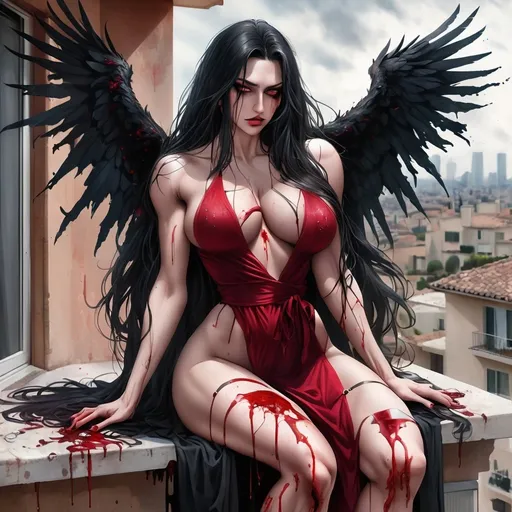 Prompt: Gorgeous ultra-muscular 25-year-old Italian angel with huge busom and ridiculously long flowing raven hair, wrapped dirty robes covered in blood, large broken, bloody wings, on her knees on an LA apartment balcony. Gothic Industrial