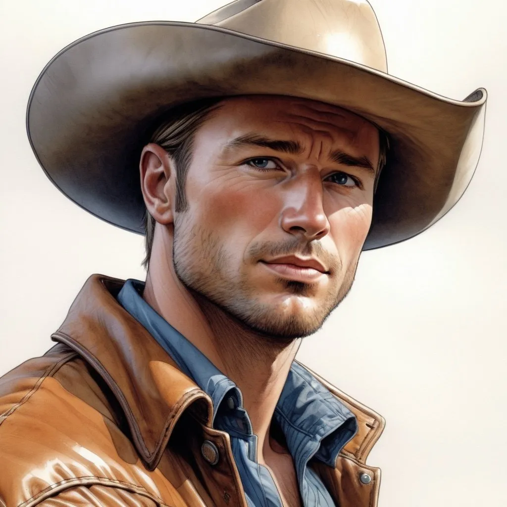 Prompt: highest quality, cowboy who looks like Glen Powell, color character portrait, art by Enki Bilal, art by Glen Keane, art by Larry Elmore, amazing detail, intricate, stunning inking lines, 4K, smooth, sharp focus, trending on artforum, artstation hq, behance hd. 