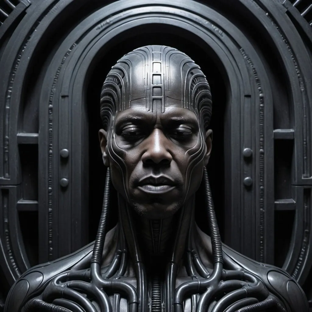 Prompt: Hr Giger WEsley Snipes, with closed eyes. Blends in with the background.  Set in a Beautiful open portal to an escher stairwell. Industrial dark neon gothic. In the style of HR Giger