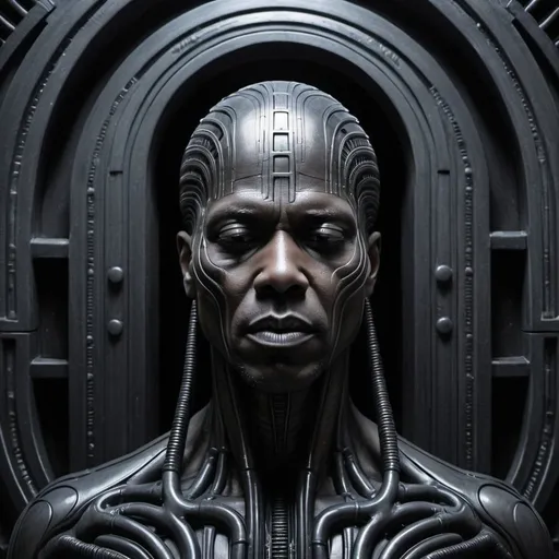 Prompt: Hr Giger WEsley Snipes, with closed eyes. Blends in with the background.  Set in a Beautiful open portal to an escher stairwell. Industrial dark neon gothic. In the style of HR Giger