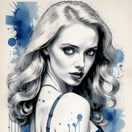 Prompt: Deborah Ann Woll (pallid and pale skin)  , newsprint, blueprint film noir movie poster watercolor comic art, Ink splash, 32k resolution, molecular precision, ultra sharp focus. Ultra sheer, ultra buxom, ultra lowcut