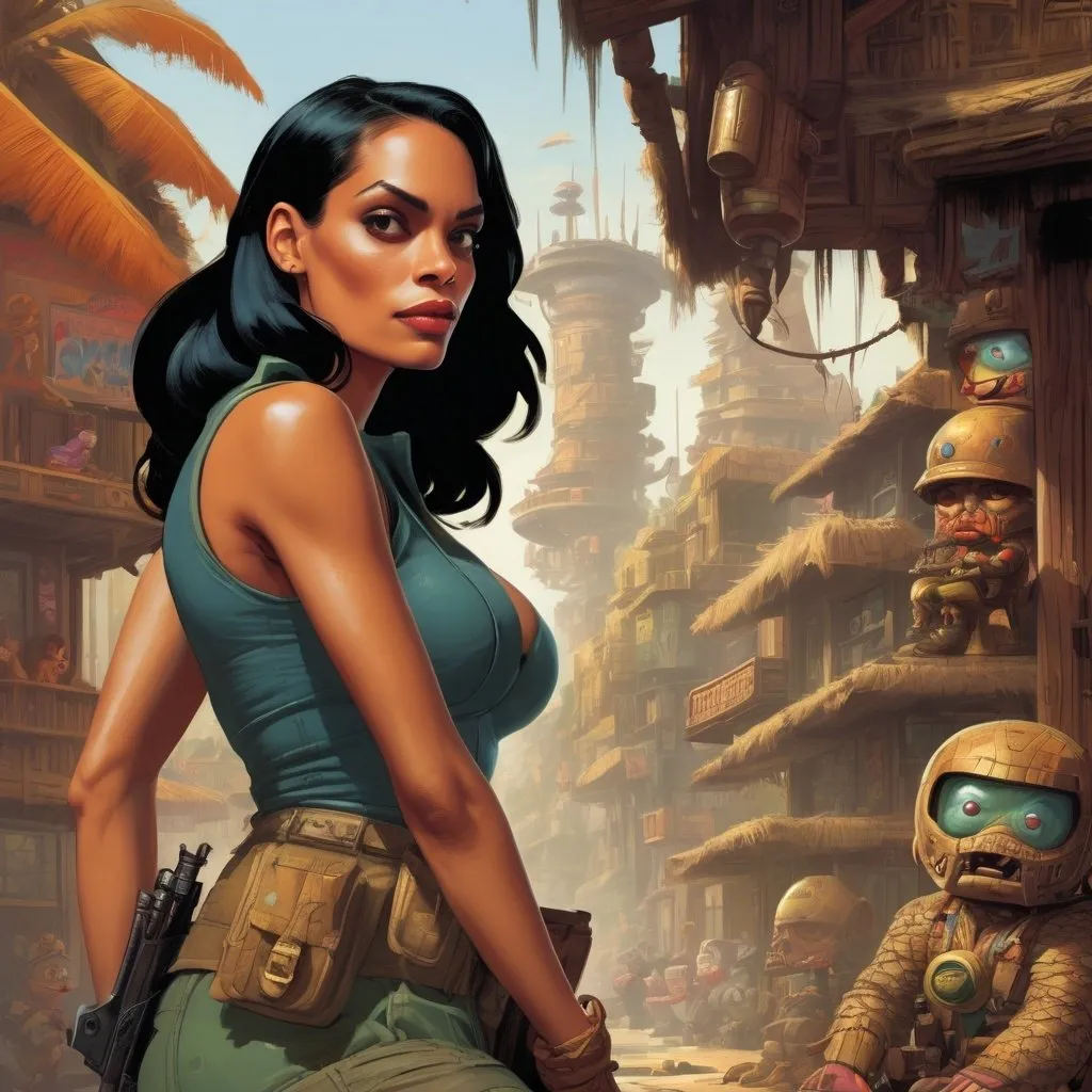 Prompt: by Andrew Loomis, Rosario Dawson wearing only army boots, tiki, square enix, disney concept artists, by Tim Biskup, skottie young, detailed scenery —width 672, a detailed painting, a magazine cover for action for men. 