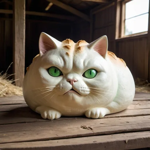 Prompt: Chonky boy cat shaped like a loaf of bread. Dystopian artificial porcelain menacing green eyes. Set in a desolate rural barn in the sun