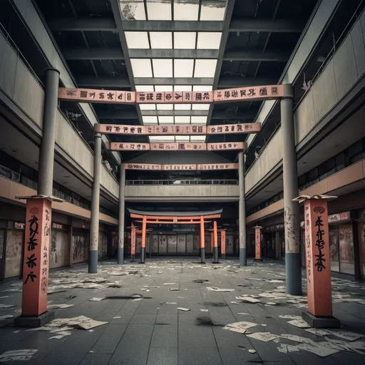 Prompt: Eerie liminal space type abandoned shopping mall with a Torii gate at the middle  Small, folded (paper dolls 1.2) with intricate markings are (flying  in the air 1.5). intricate details, HDR, beautifully shot, hyperrealistic, sharp focus, 64 megapixels, perfect composition, high contrast, cinematic, atmospheric, moody