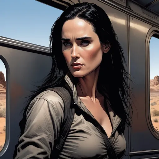 Prompt: highest quality, desert assassin on train who looks like Jennifer Connelly, color character portrait, art by Enki Bilal, art by Glen Keane, art by Larry Elmore, amazing detail, intricate, stunning inking lines, 4K, smooth, sharp focus, trending on artforum, artstation hq, behance hd. 