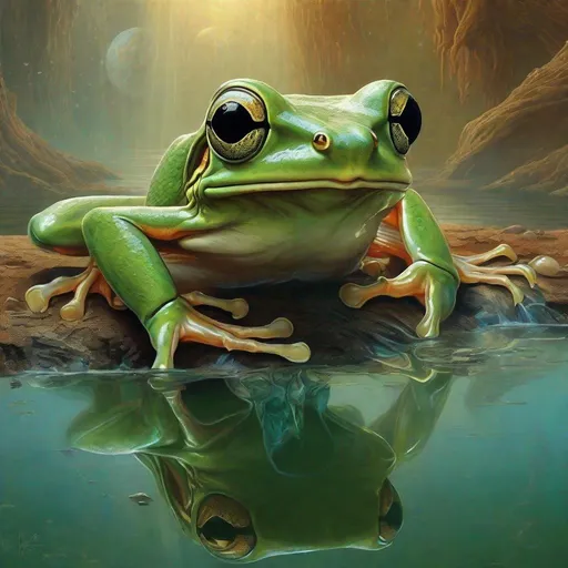 Prompt: Water on Mars! H R Giger Australian green tree frog , (translucent skin), ((full body)), extremely attractive, invokes an emotional response, captivating, riveting, ((by Alexander Averin)), ((by Tom Bagshaw)), ((by John Anster Fitzgerald)), ((by H. R. Giger)), ((by Josephine Wall)), ((by Zdzislaw Beksinski)), ((by John Atkinson Grimshaw)), realistic character concept in a cold martian landscape. Cover shot for men