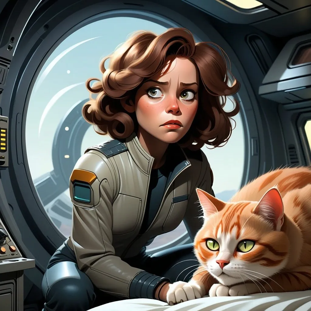 Prompt: detailed, dark colors, dramatic, graphic novel illustration,  2d shaded retro comic book goddess Ellen Ripley (facing the viewer, looking out a window), standing next to futuristic starship cabin room lit with dim white light with a neat hypersleep bed laid flat on the floor. An orange cat curled asleep on the bed. The warm white light bathes her frame from behind. The floor is a muted gray industrial grating