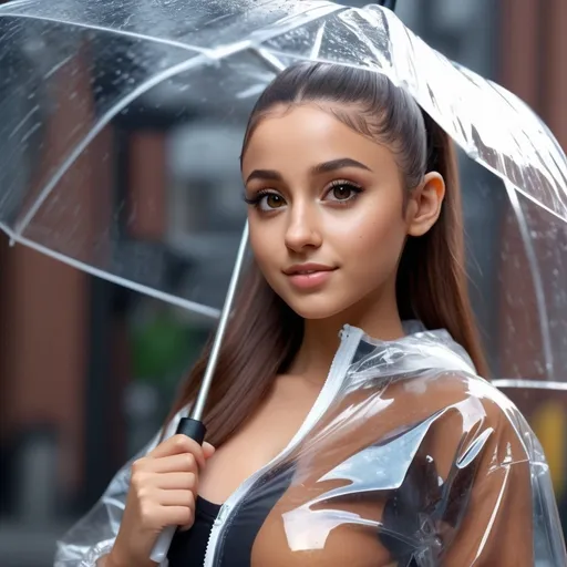 Prompt: {{{{highest quality absurdres best award-winning masterpiece}}}} best octane rendered splashscreen cinema trailer digital 3d oil art {{stylized hyperrealistic cinematic waifu supermodel style}} of hyperrealistic intricately hyperdetailed 22 year {{Ariana Grande}} with {{hyperrealistic brown hair}} and {{hyperrealistic perfect beautiful brown eyes}} wearing {{hyperrealistic clear transparent raincoat outfit with perfect clear transparent umbrella}}, in {{hyperrealistic intricately hyperdetailed perfect 128k highest resolution definition fidelity UHD HDR}},
hyperrealistic intricately hyperdetailed natural beauty waifu face with skin and nose and lips and red cheeks cute smile {{look at camera}},
hyperrealistic perfect anatomy in perfect epic cinematic composition with perfect vibrant colors and perfect shadows, perfect professional sharp focus RAW photography with ultra realistic perfect volumetric dramatic soft 3d lighting, trending on instagram artstation with perfect epic cinematic post-production
