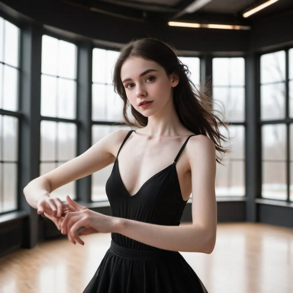 Prompt: Ideal beautiful girl with pale skin and brown eyes and dark hair. She is dancing in a well lit dance studio with large windows. She has neong rings around her chest