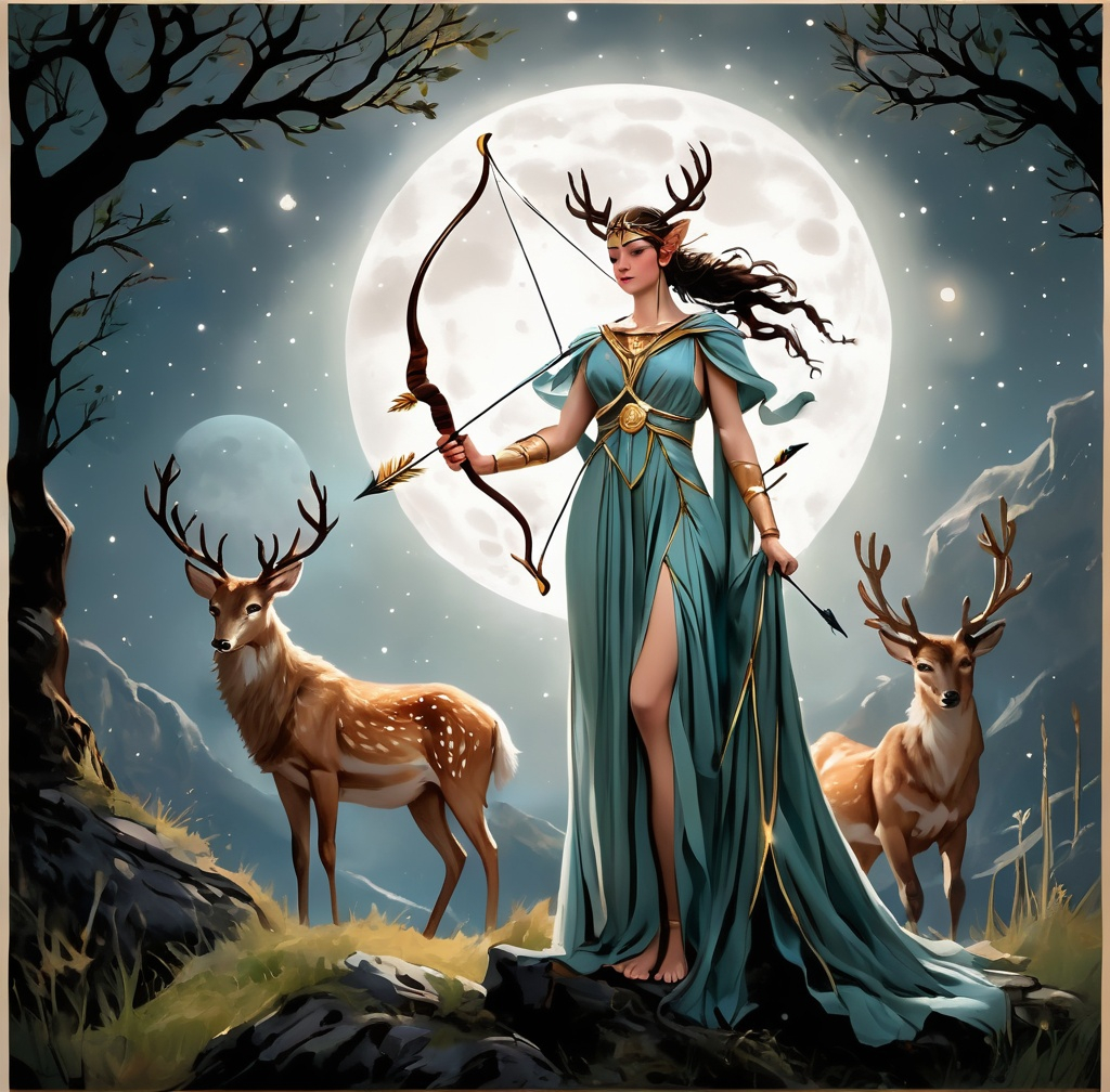 Prompt: Artemis in a greek goddess robe with her bow and arrows, wolf, deer stag, moonlit, scorpio