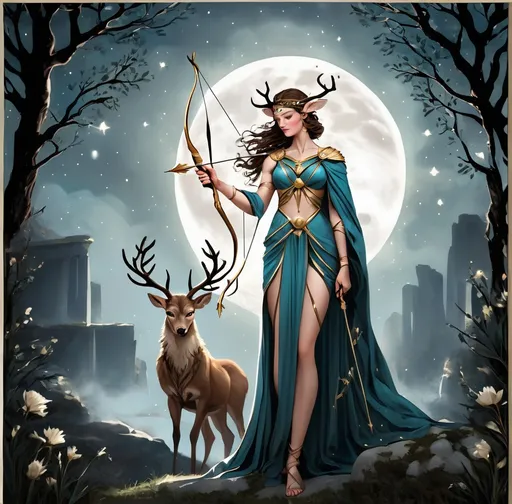 Prompt: Artemis in a greek goddess robe with her bow and arrows, wolf, deer stag, moonlit, scorpio