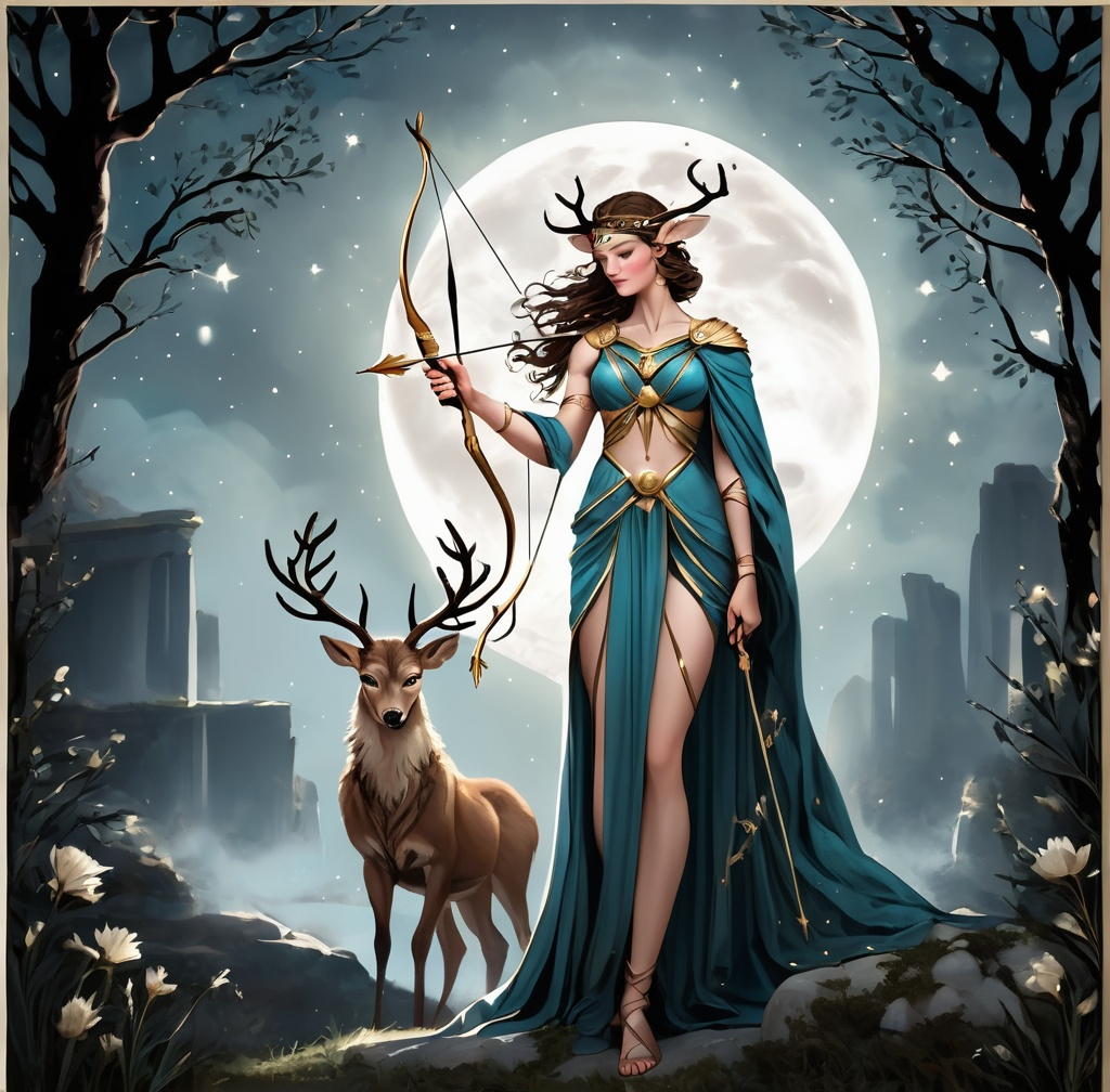 Prompt: Artemis in a greek goddess robe with her bow and arrows, wolf, deer stag, moonlit, scorpio