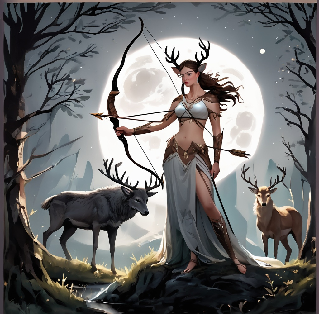 Prompt: Artemis with her bow and arrows, wolf, deer stag, moonlit, scorpio