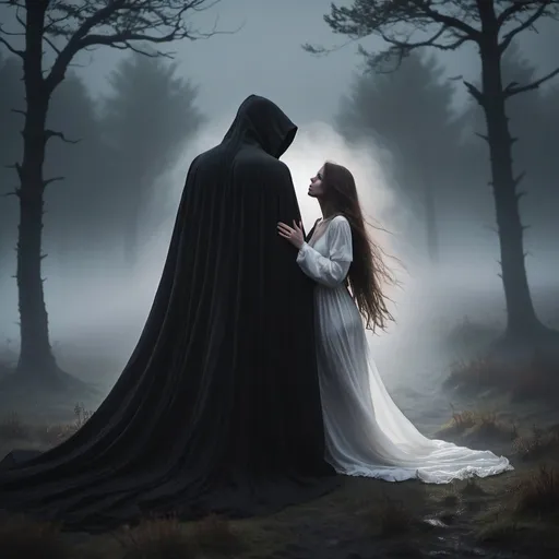 Prompt: A beautiful woman with long hair, in a white nightgown is standing on a dark foggy moor, being embraced by a tall shadow wraith. He is dressed in a black cloak, shadows swirling around him