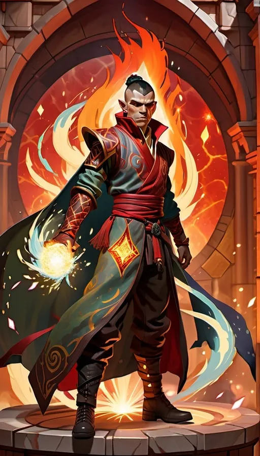 Prompt: Half-orc elemental mage, firebender, sparks, earthbender, flying rocks, tall, young, fashionable aristocratic clothing, green skin, short dark hair, red marble pattern cloak with sparks flying, sparks, red cloak, detailed clothing, dynamic lighting fantasy, DnD, red marble cloak, digital art
