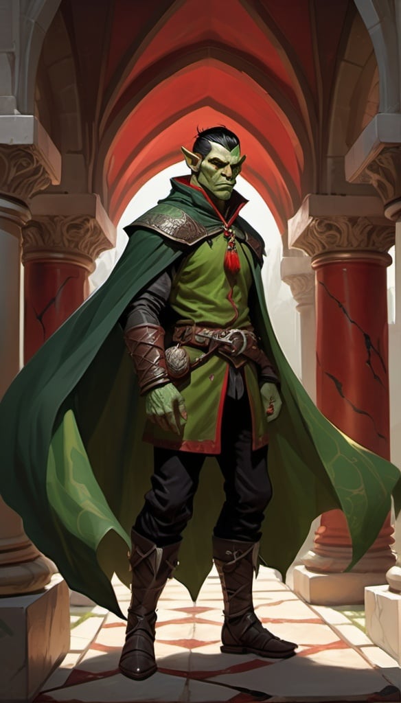 Prompt: DnD charactrer, half-orc, endomorphic body type, green skin, short dark hair, aristocratic clothing, black and red marble pattern cloak