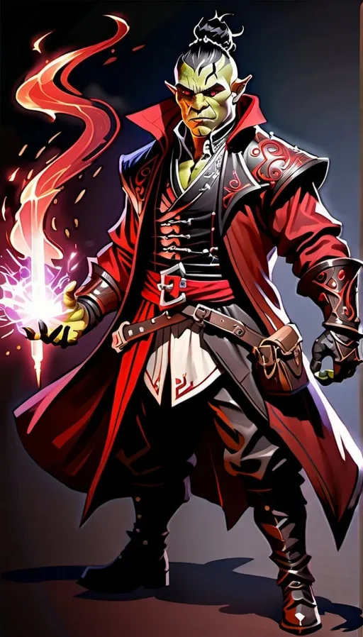 Prompt: Half-orc elemental mage, in black aristocratic clothing, green skin, endomorphic body type, short dark hair, red cloak with sparks flying, high quality, fantasy, DnD, sparks, red cloak, detailed clothing, dynamic lighting