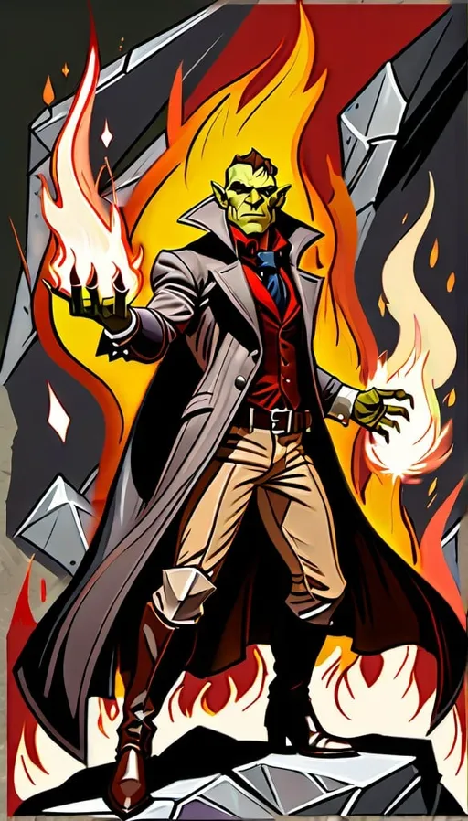 Prompt: Half-orc elemental mage in fashionable aristocratic clothing, flying rocks with fire and earth elements, sparks, detailed red marble pattern cloak, detailed clothing, tall and young, green skin, short dark hair, high quality, digital art, DnD, fantasy, detailed picture, sparks, firebender, earthbender, red marble cloak, aristocratic fashion, detailed character design
