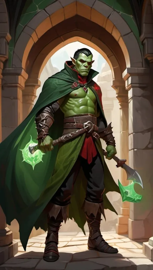Prompt: DnD charactrer, half-orc, endomorphic body type, green skin, short dark hair, aristocratic clothing, black and red marble pattern cloak