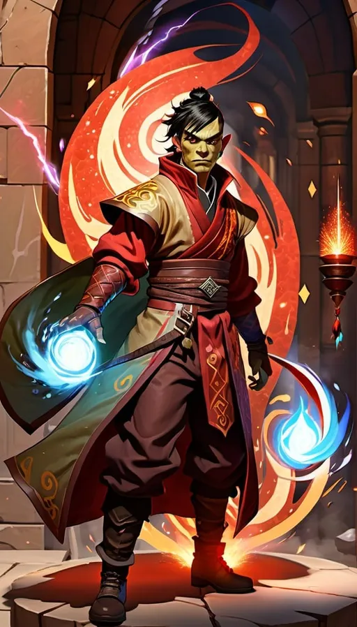 Prompt: Half-orc elemental mage, firebender, sparks, earthbender, flying rocks, tall, young, fashionable aristocratic clothing, green skin, short dark hair, red marble pattern cloak with sparks flying, sparks, red cloak, detailed clothing, dynamic lighting fantasy, DnD, red marble cloak, digital art