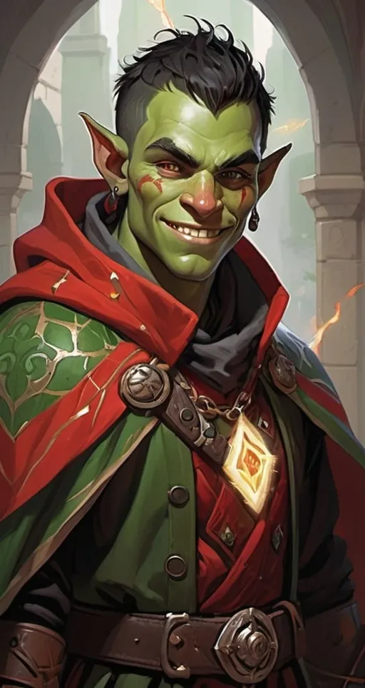 Prompt: DnD charactrer, young smiling half-orc, green skin, short dark hair, horizontal scar over nose, in aristocratic clothing with black and red marble pattern cloak with sparks flying around