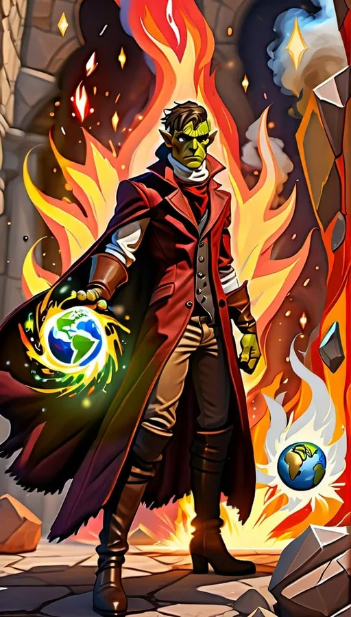 Prompt: Half-orc elemental mage in fashionable aristocratic clothing, firebender, earthbender, flying rocks with fire and earth elements, sparks, detailed red marble pattern cloak, detailed clothing, tall and young, green skin, short dark hair, digital art, DnD, fantasy, sparks, red marble cloak, realistic textures