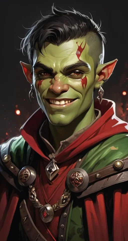 Prompt: DnD charactrer, young smiling half-orc, green skin, short dark hair, horizontal scar over nose, in aristocratic clothing with black and red marble pattern cloak with sparks flying around