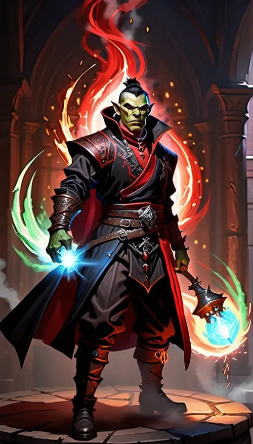 Prompt: Half-orc elemental mage, in black aristocratic clothing, green skin, endomorphic body type, short dark hair, red cloak with sparks flying, high quality, fantasy, DnD, sparks, red cloak, detailed clothing, dynamic lighting