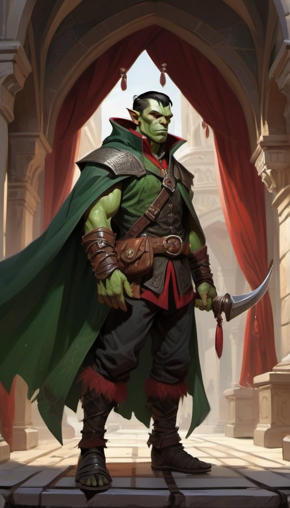 Prompt: DnD charactrer, half-orc, endomorphic body type, green skin, short dark hair, aristocratic clothing, black and red marble pattern cloak