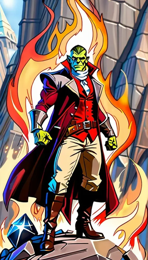 Prompt: Half-orc elemental mage in fashionable aristocratic clothing, flying rocks with fire and earth elements, sparks, detailed red marble pattern cloak, detailed clothing, tall and young, green skin, short dark hair, high quality, digital art, DnD, fantasy, detailed picture, sparks, firebender, earthbender, red marble cloak, aristocratic fashion, detailed character design